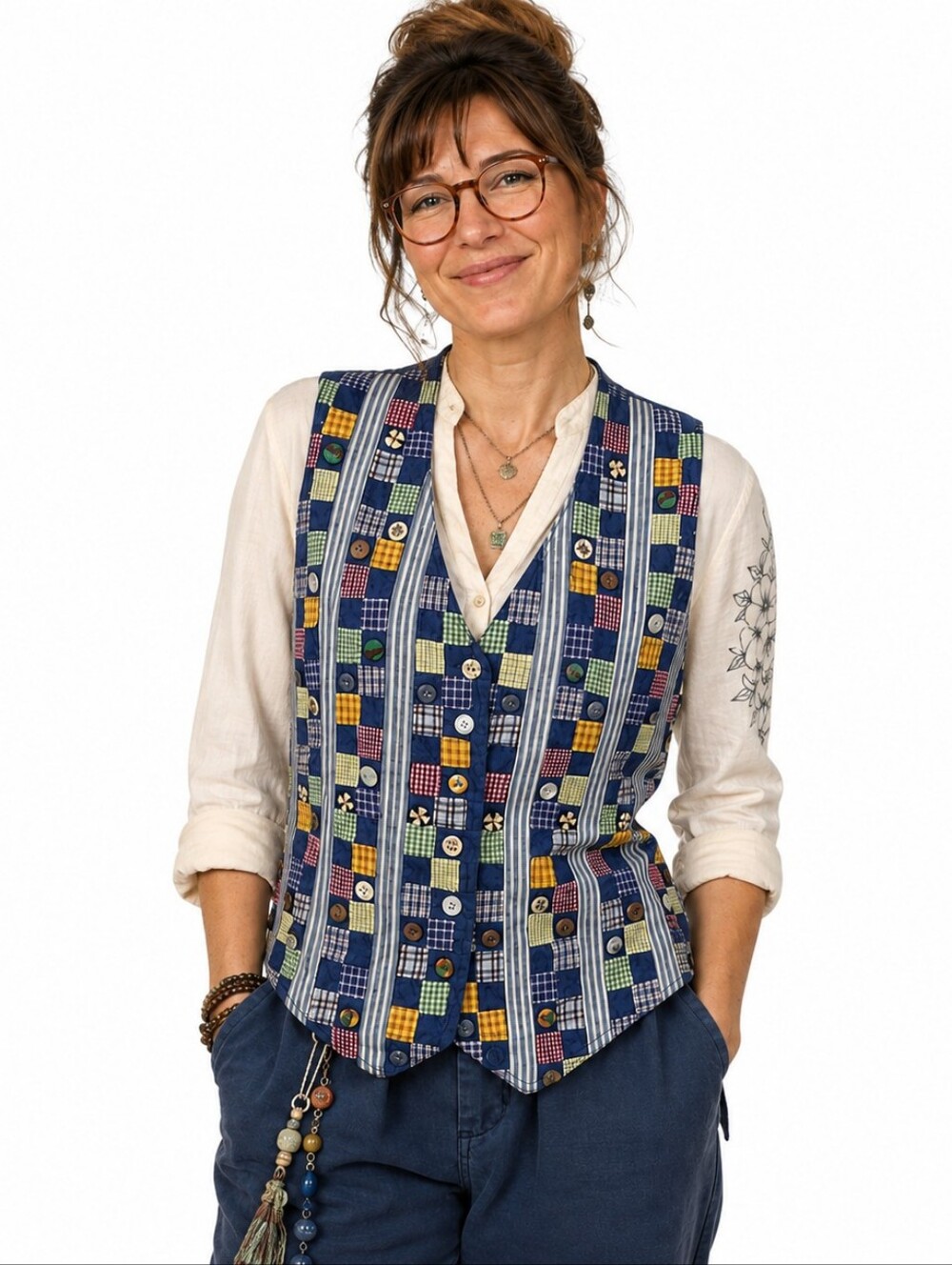 Vintage Artsy Patchwork Button Vest M Blue Retro Teacher Cottagecore Eclectic